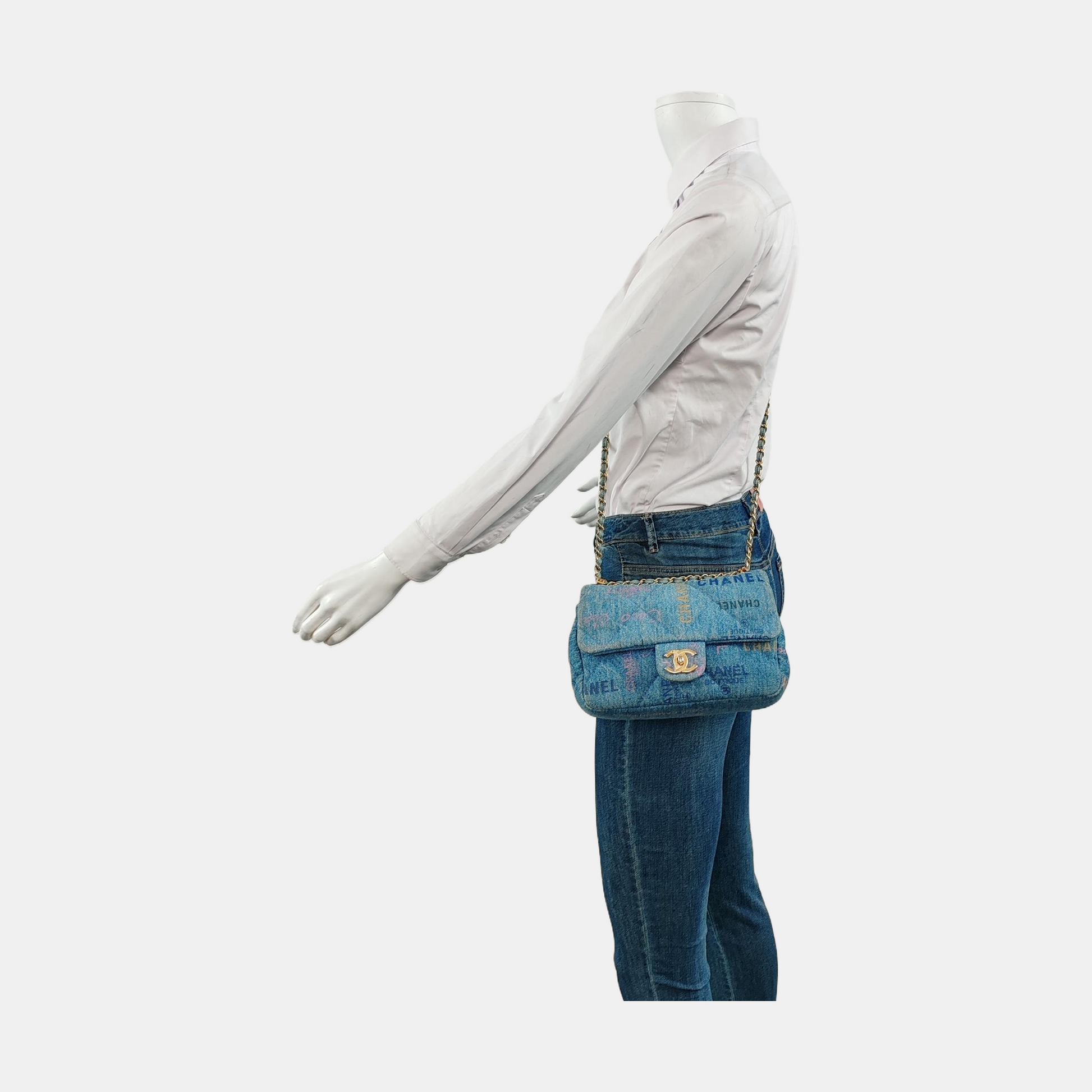 Chanel Classic Flap Rectangular Denim Jeans Hardware Blue Gold Mini Bag Microchip 1