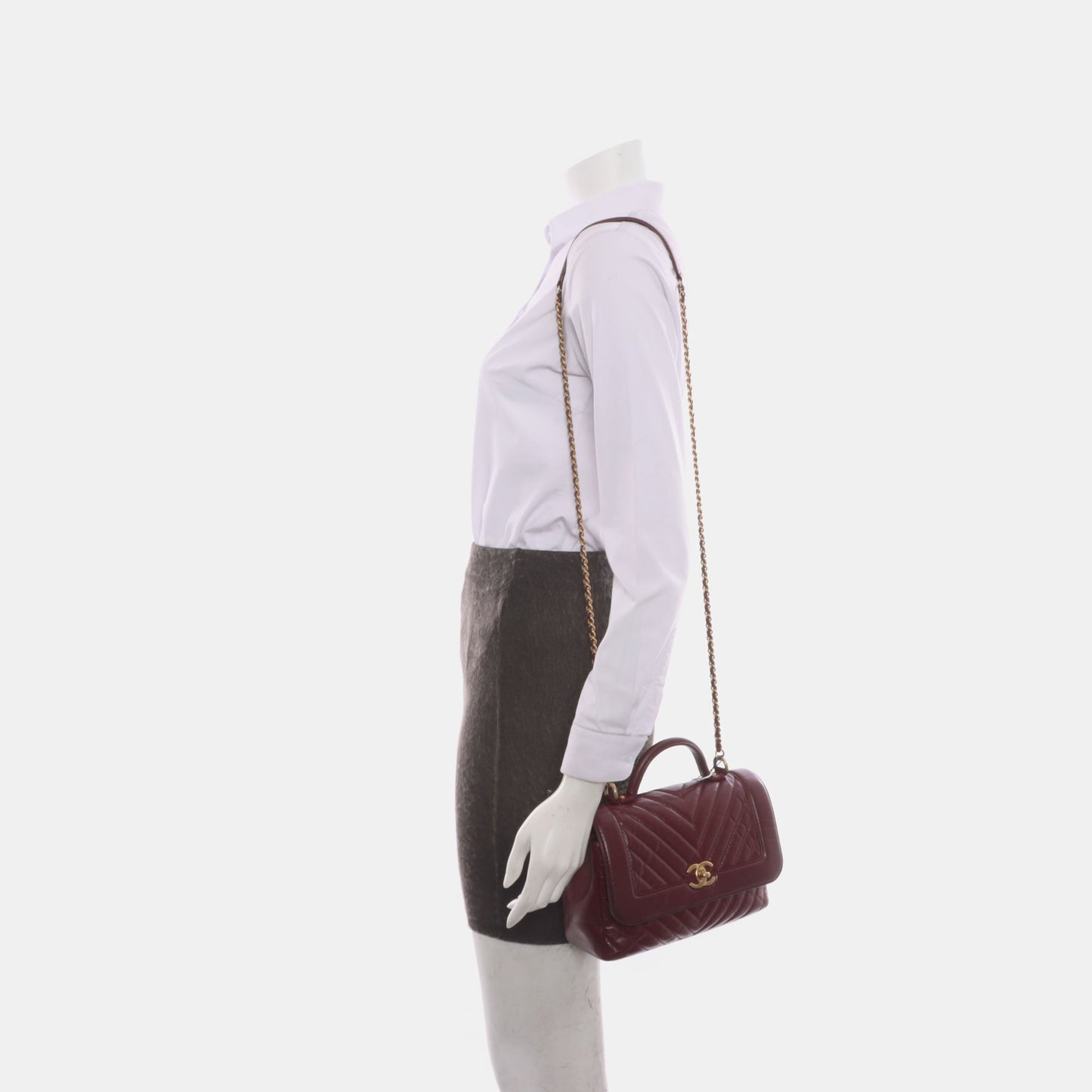 Chanel Top Handle Chevron Flap Burgundy Calfskin Leather Shoulder Bag