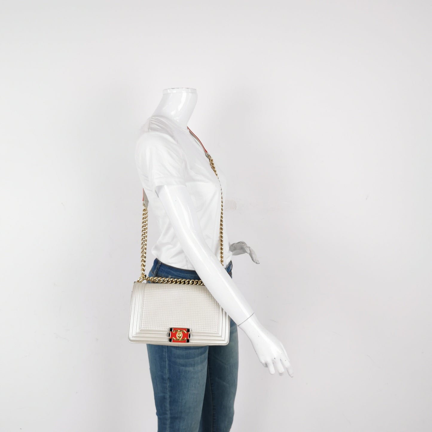 Chanel Le Boy Pearlescent Waffle Lambskin White Red Lock Leather Handbag