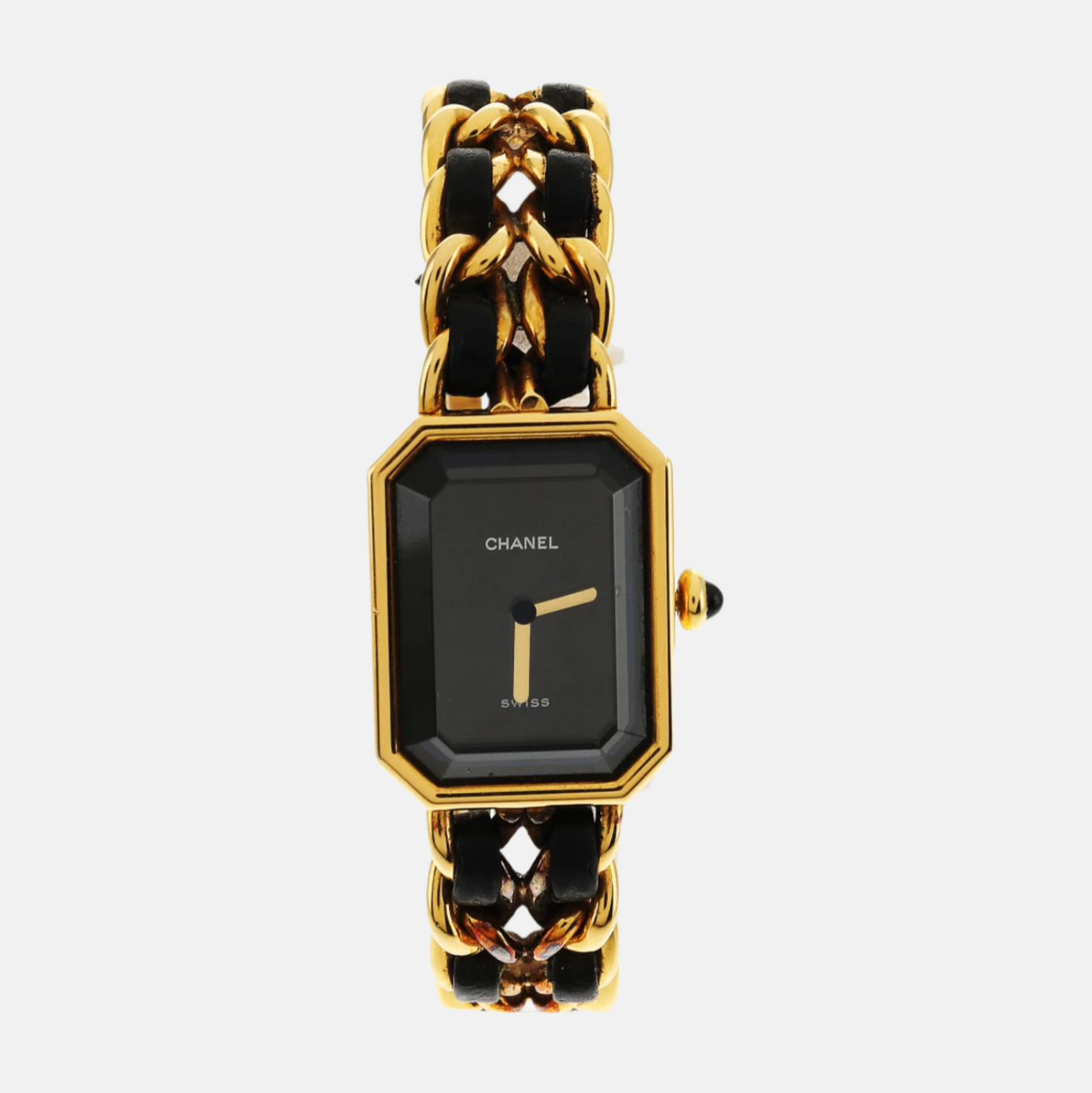 CHANEL 1987   PREMIERE Watch Black Leather and 24KT Yellow Gold Plated L Size