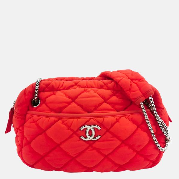Chanel Nylon Bubble Striped Quilt Accordion Flap Red Shoulder Bag