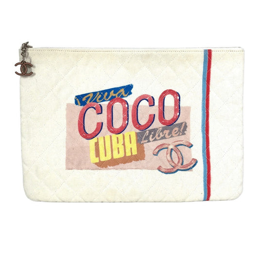 Chanel COCO logo White Canvas Clutch Bag