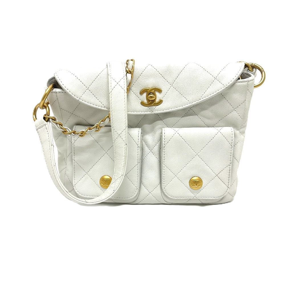 Chanel Caviar skin Matrasse W pocket White Shoulder Bag