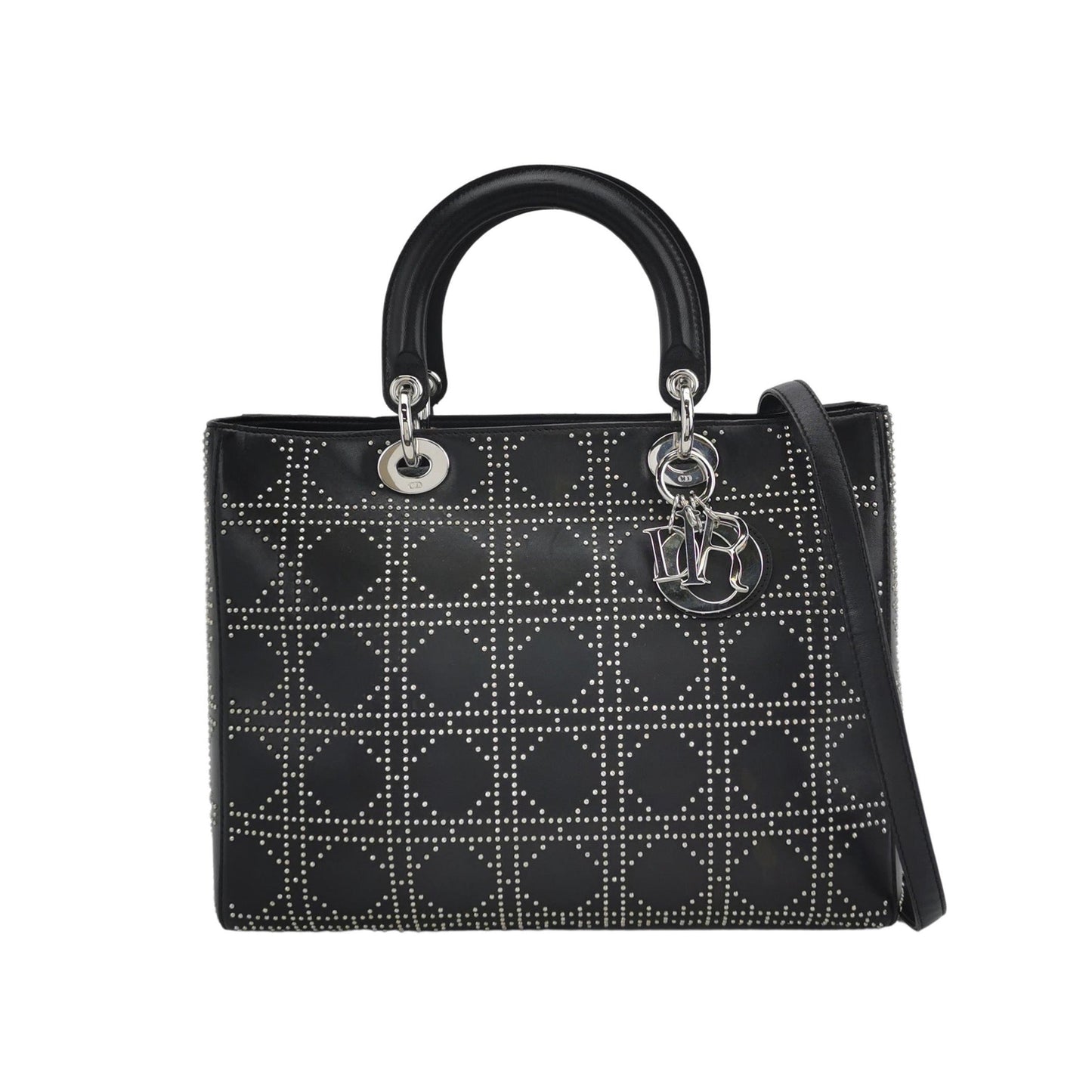 Dior Lady Lambskin Diamond Studs Hardware Handbag Black Silver Travel Bag
