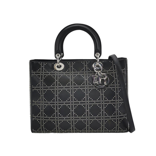 Dior Lady Lambskin Diamond Studs Hardware Handbag Black Silver Travel Bag