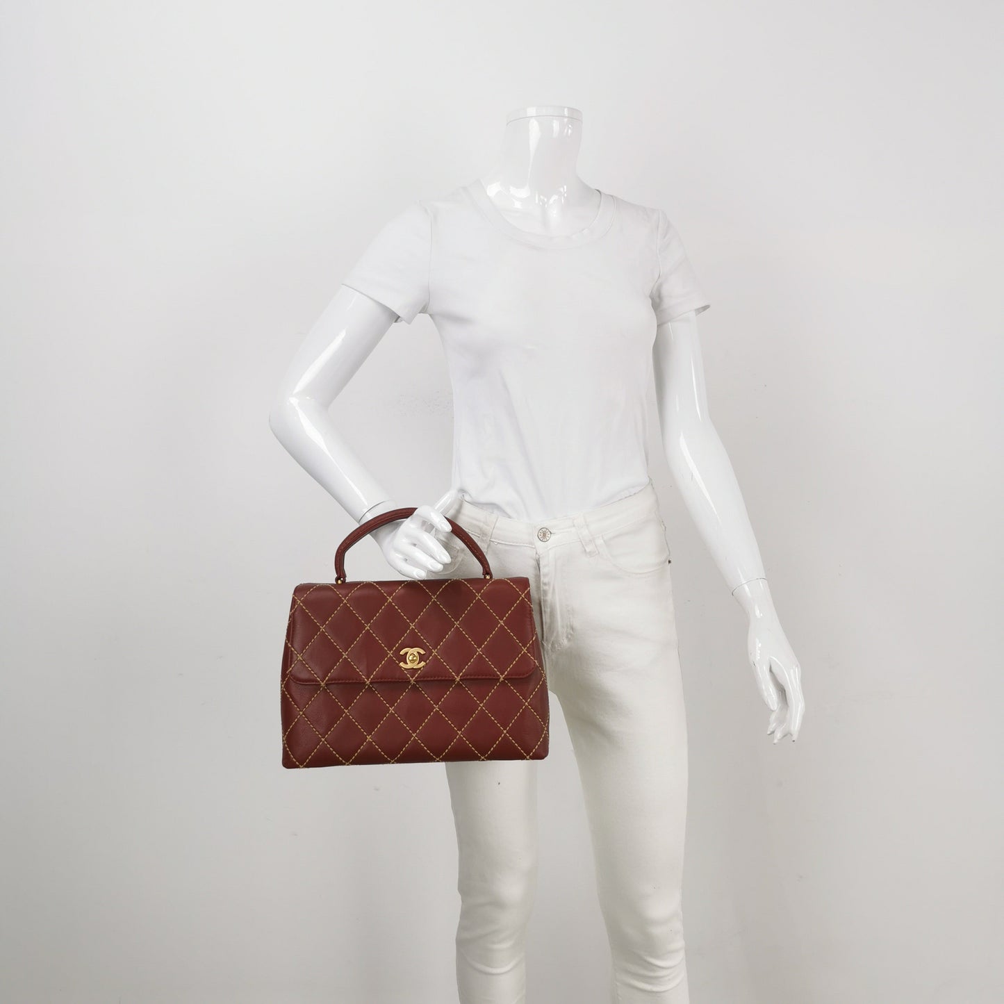 Chanel Top Handle Kelly Wild Stitch Burgundy Gold Leather Handbag