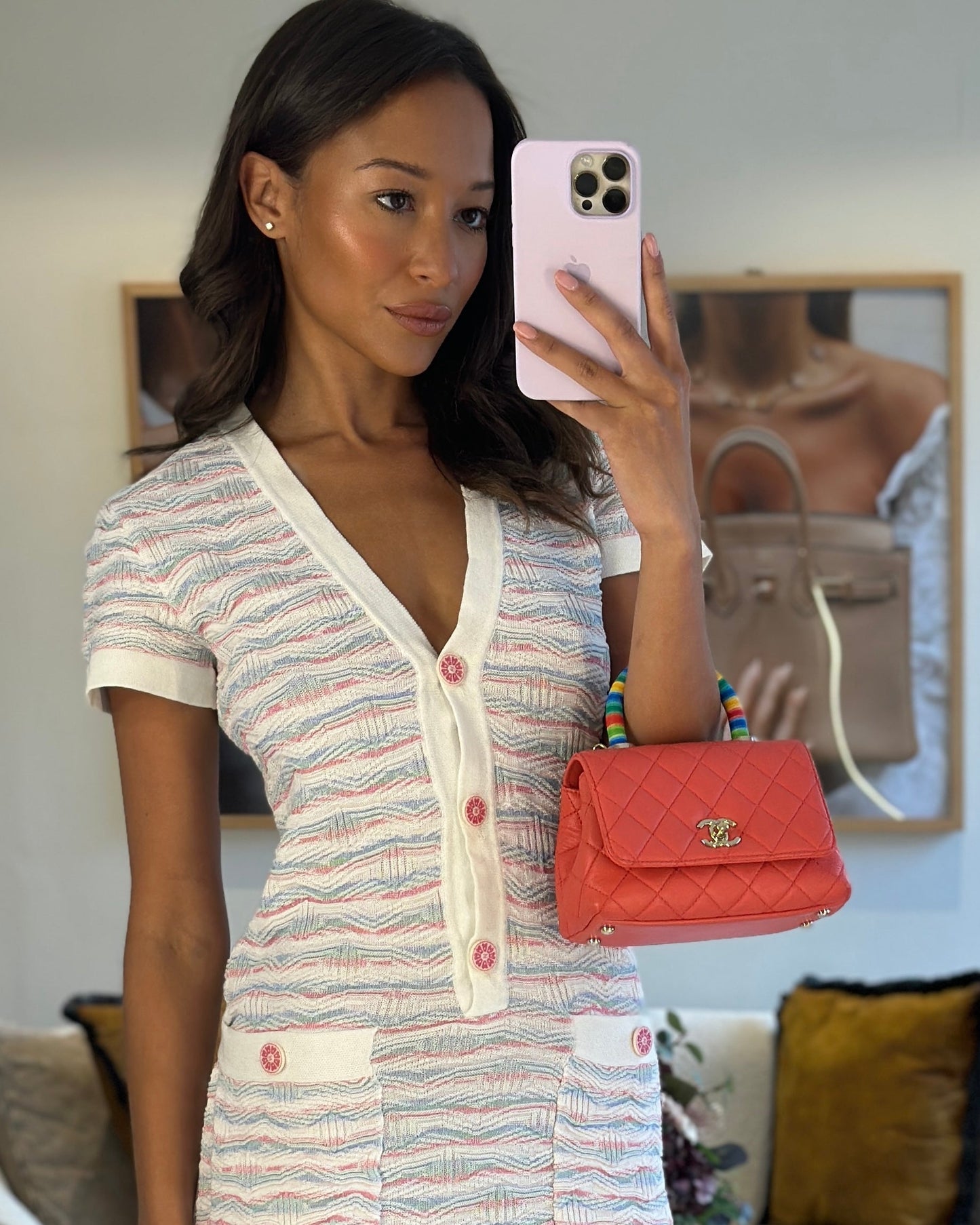 Chanel *Rare* Pink Extra Mini Coco Multi-Colour Handle Bag In Lambskin With Champagne Gold Hardware