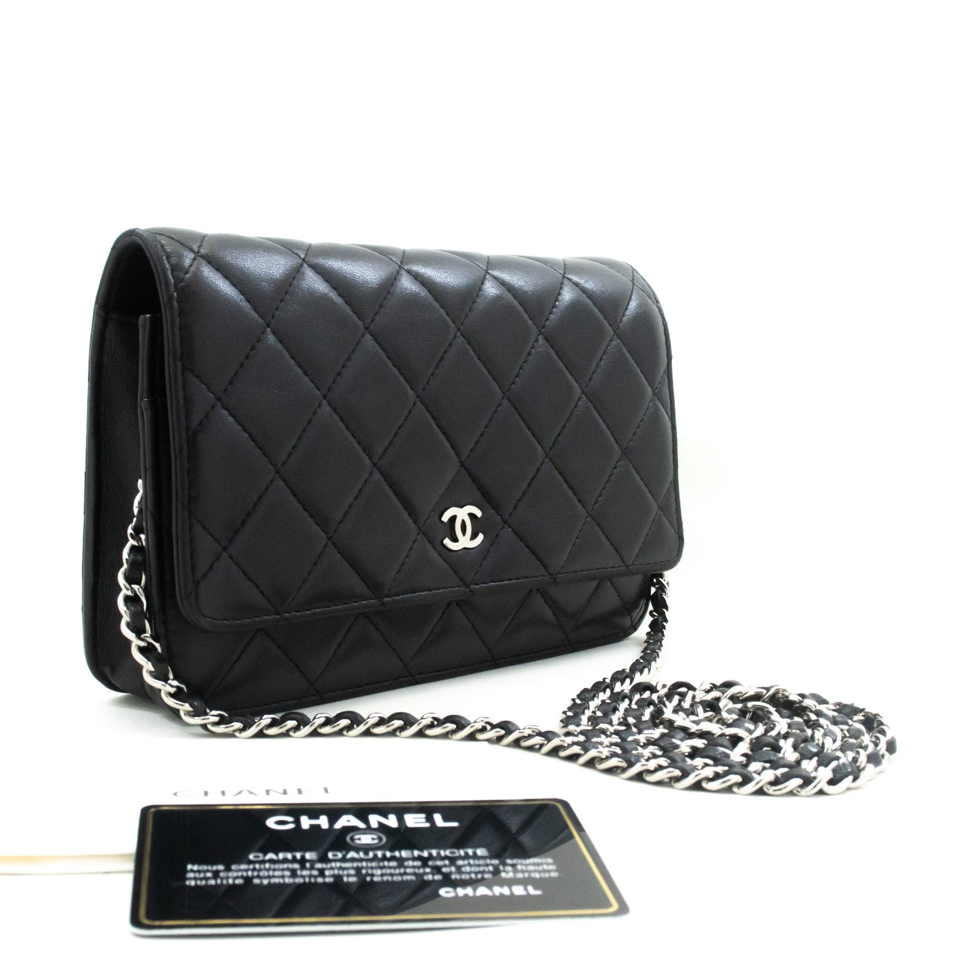 Chanel Black Classic Wallet On Chain WOC Shoulder Bag Lambskin SV