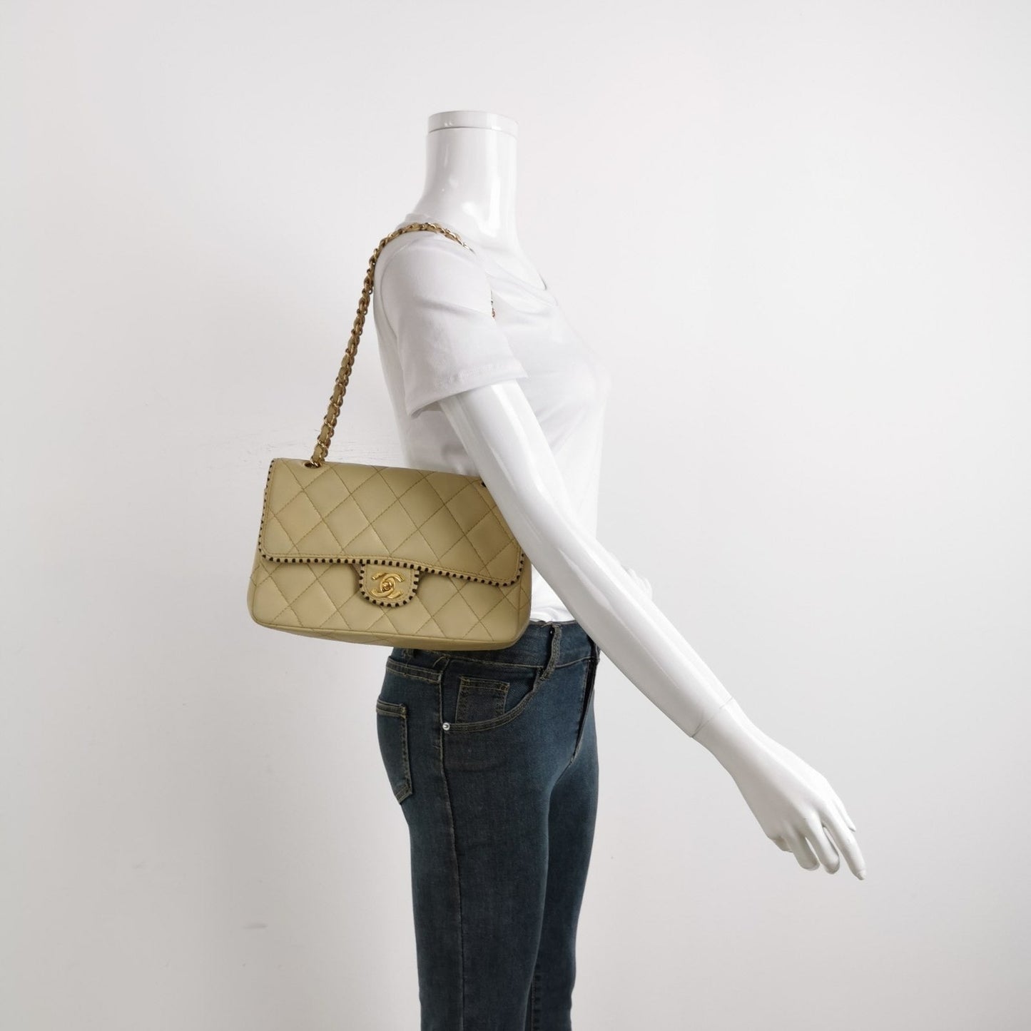 Chanel Classic Flap Happy Stitch Contrast Trim Black Beige Leather Handbag