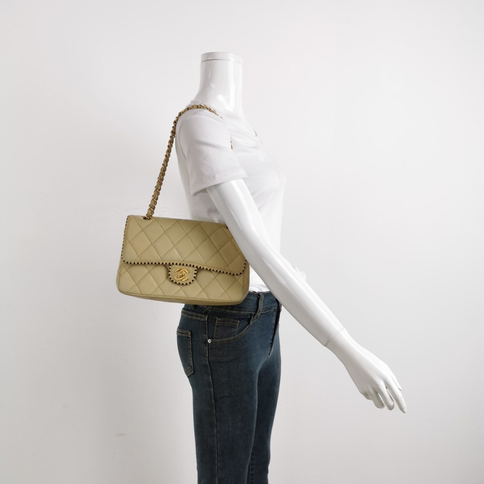 Chanel Classic Flap Happy Stitch Contrast Trim Black Beige Leather Handbag