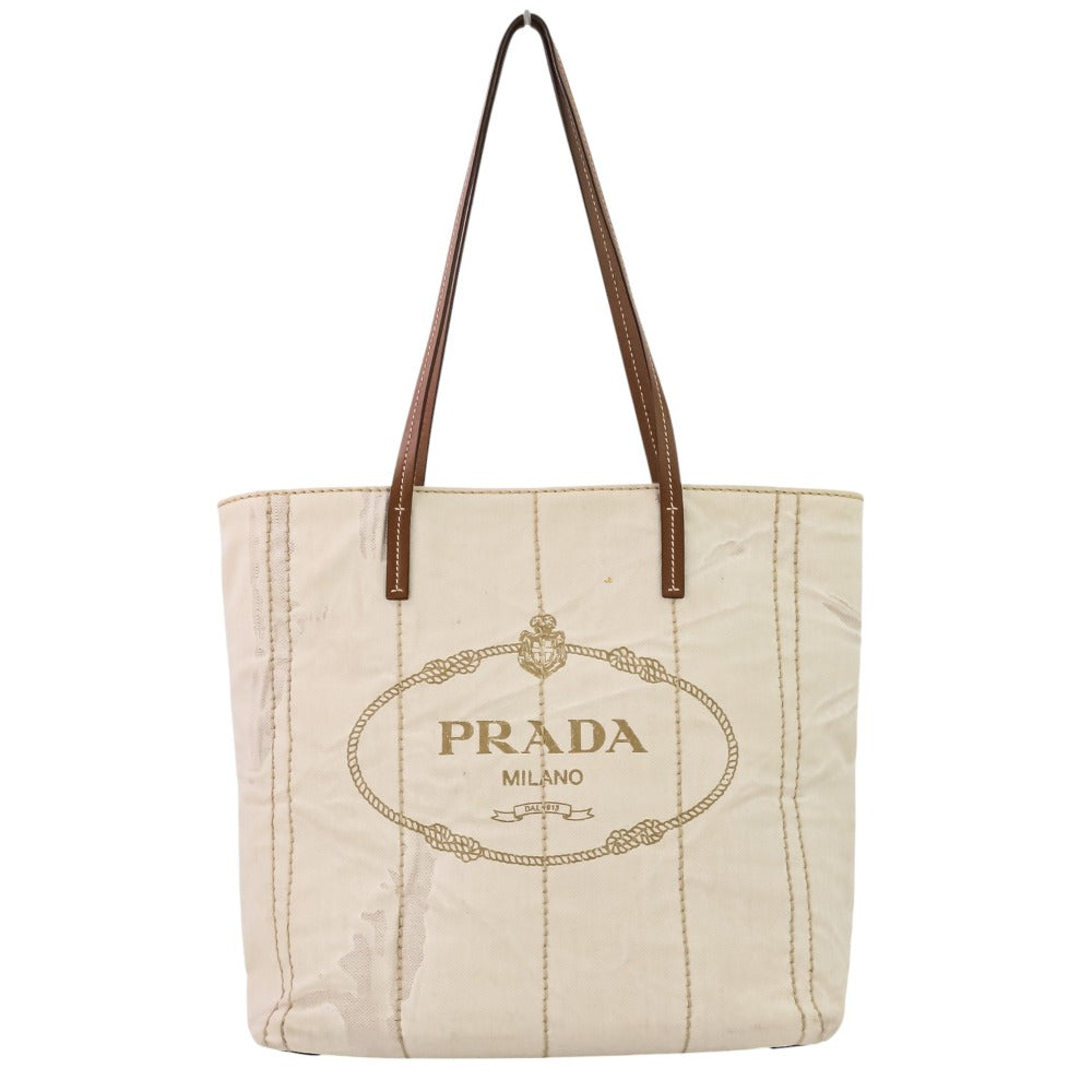 Prada Linen Blend Tote Bag Leather Vitello
