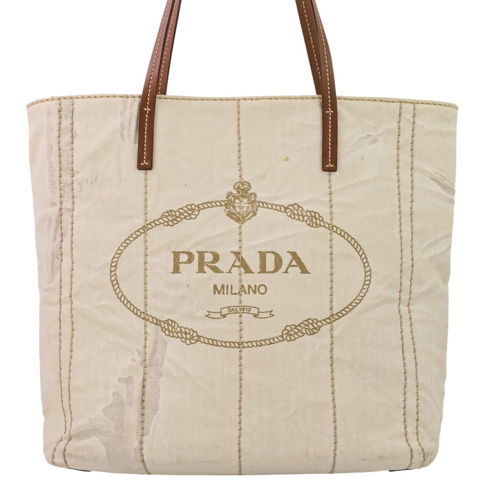 Prada Linen Blend Tote Bag Leather Vitello