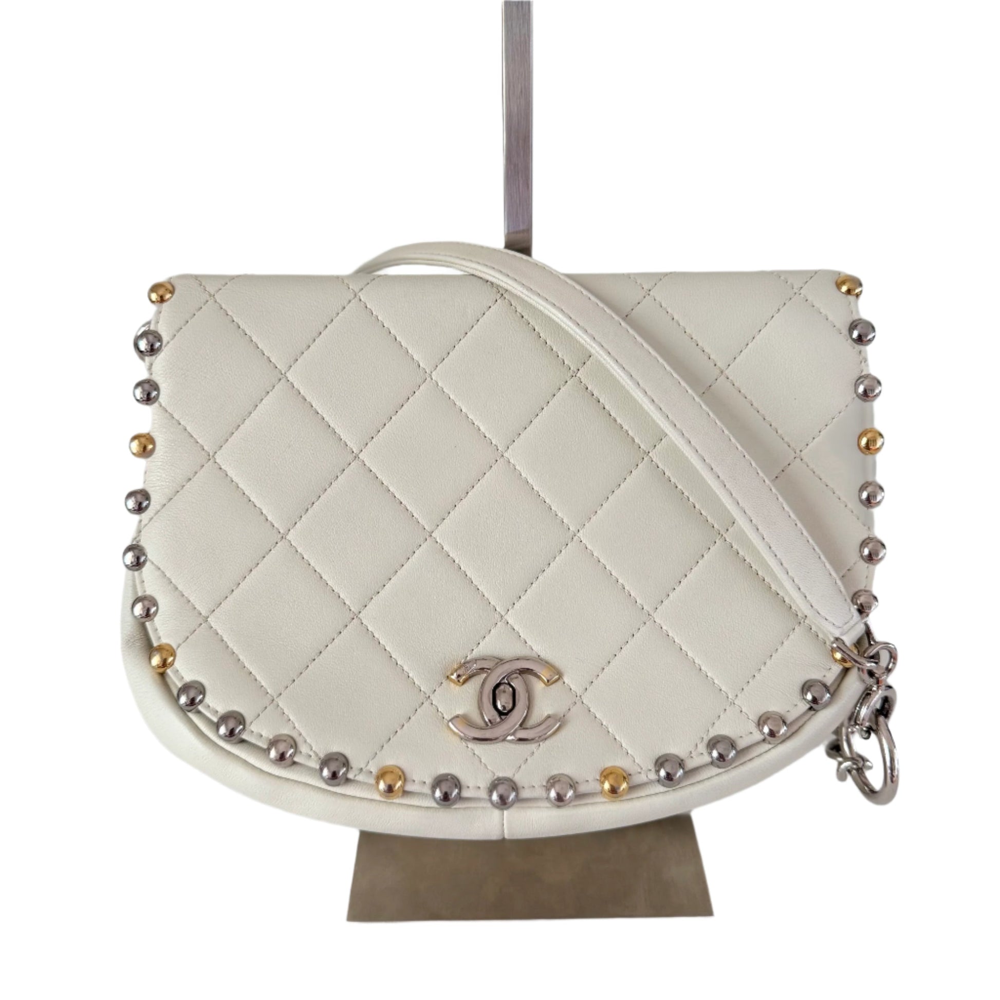 Chanel Calfskin Embellished Flap Saddle -19 White Leather Handbag