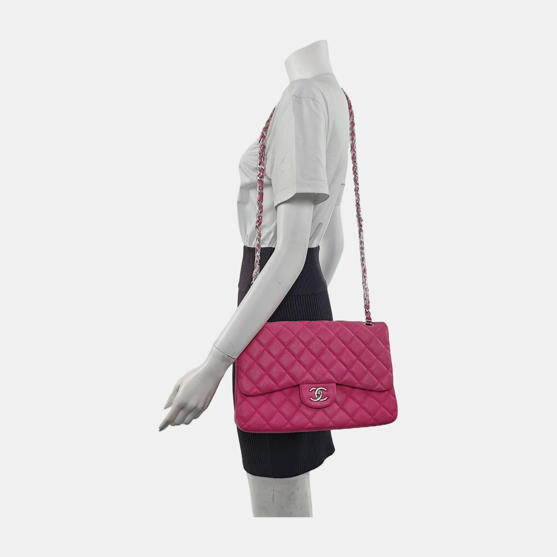 Chanel Classic Flap Jumbo Caviar Double Flap Pink Silver Leather Handbag