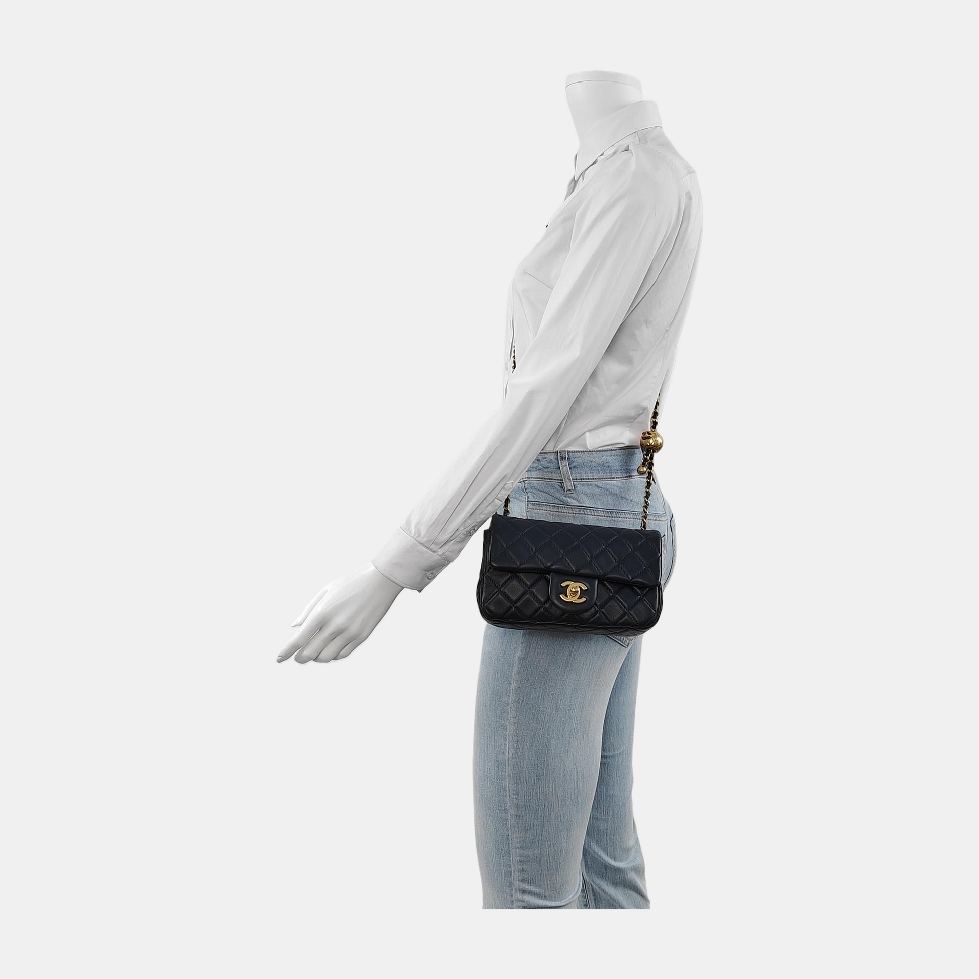 Chanel Classic Flap Rectangular Navy Lambskin Pearl Gold Mini Bag