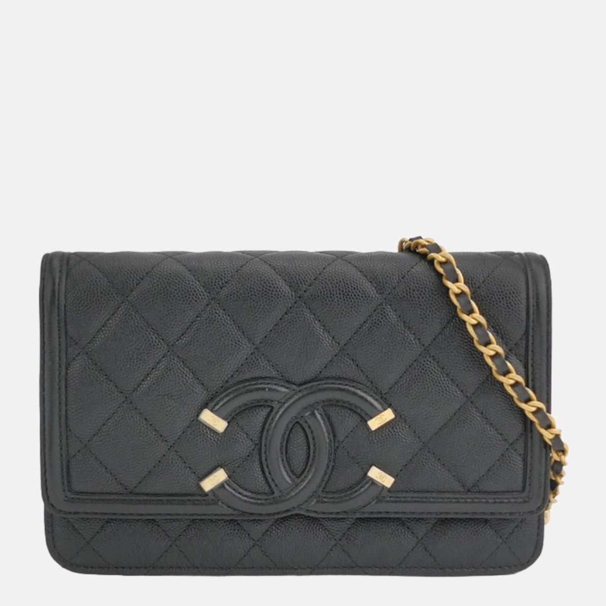 Chanel on Filigree Caviar -tone Hardware Black Gold Leather Wallet Case