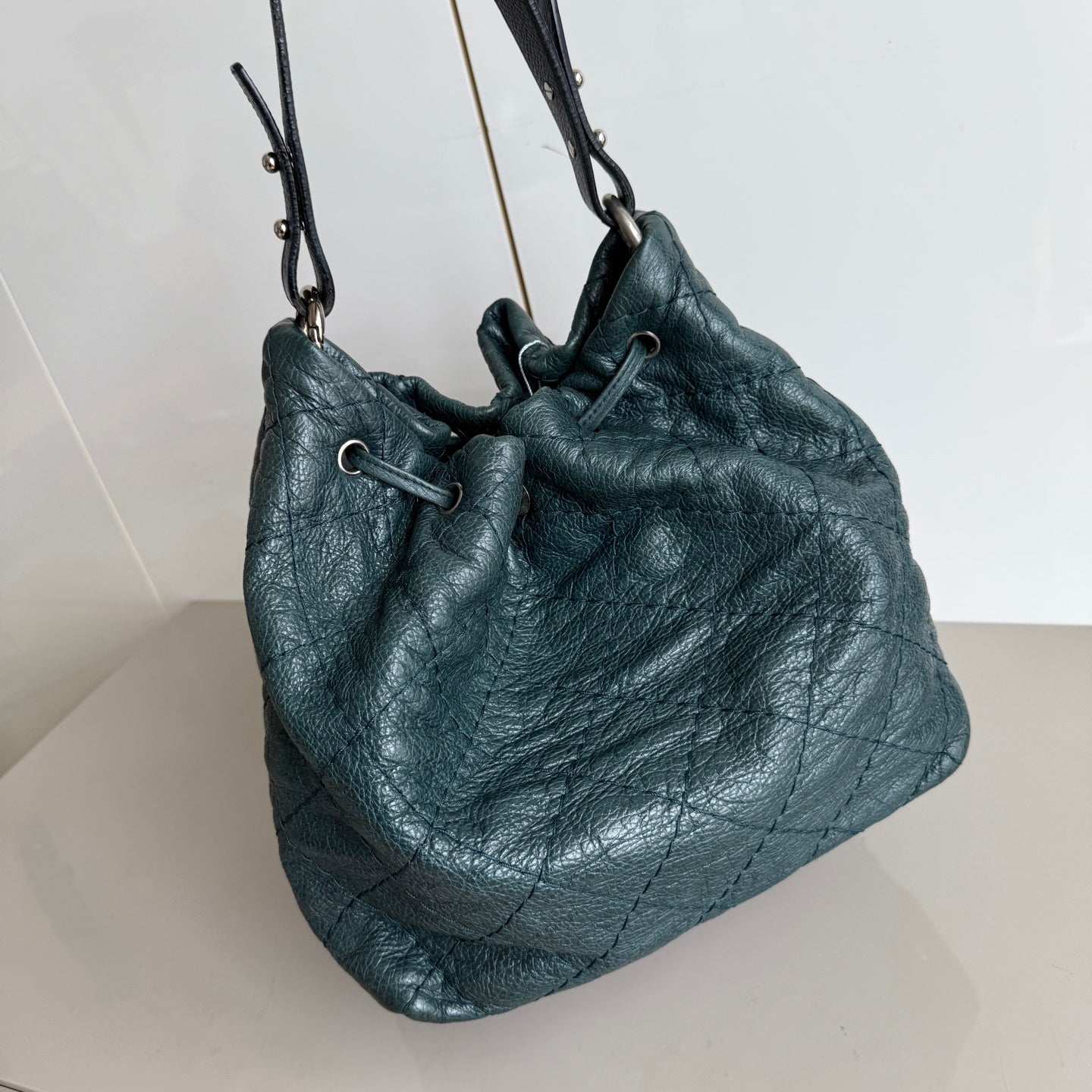 Chanel Bucket Dark Calfskin Hardware Green Silver Leather Bucket Bag
