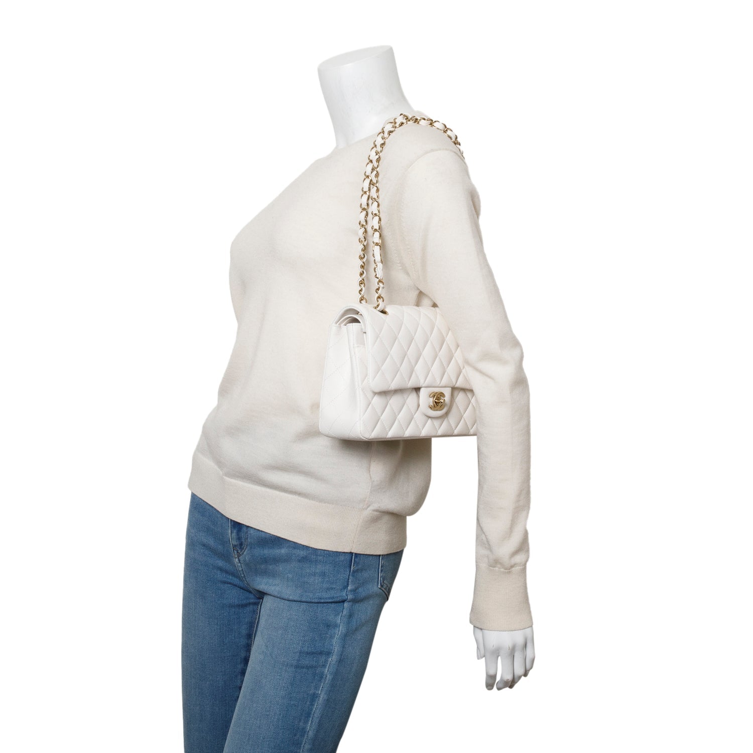Chanel Quilted Caviar Classic Double Flap Leather White Travel Bag W Box