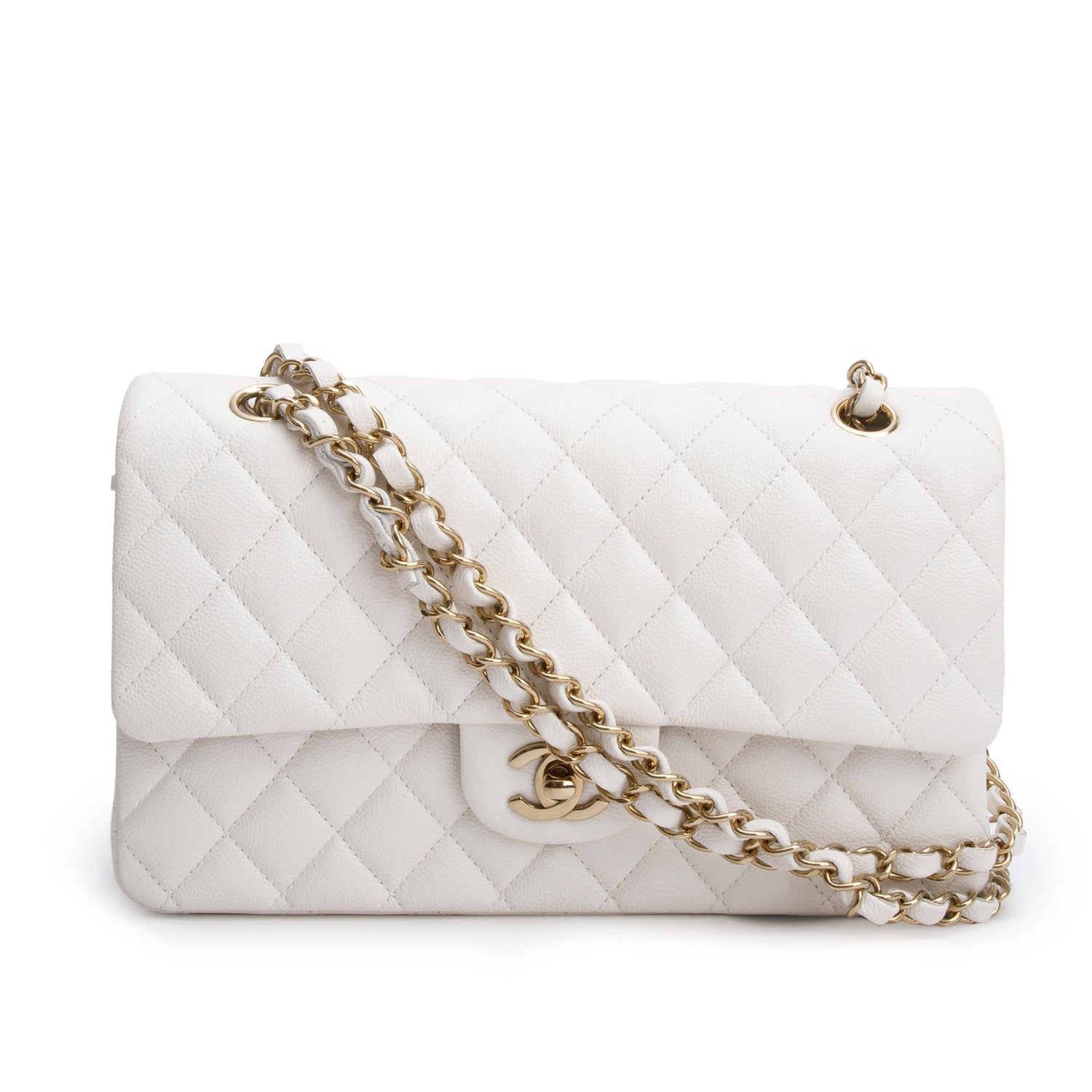 Chanel Quilted Caviar Classic Double Flap Leather White Travel Bag W Box