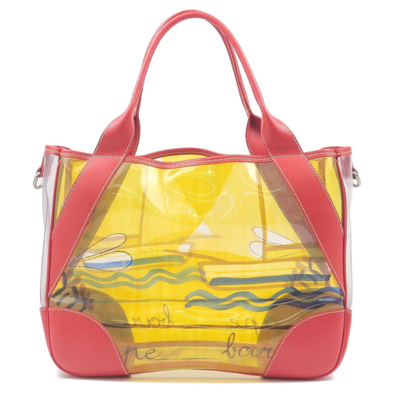Prada Vinyl Print Tote Bag Beach Bag Clear Leather Red