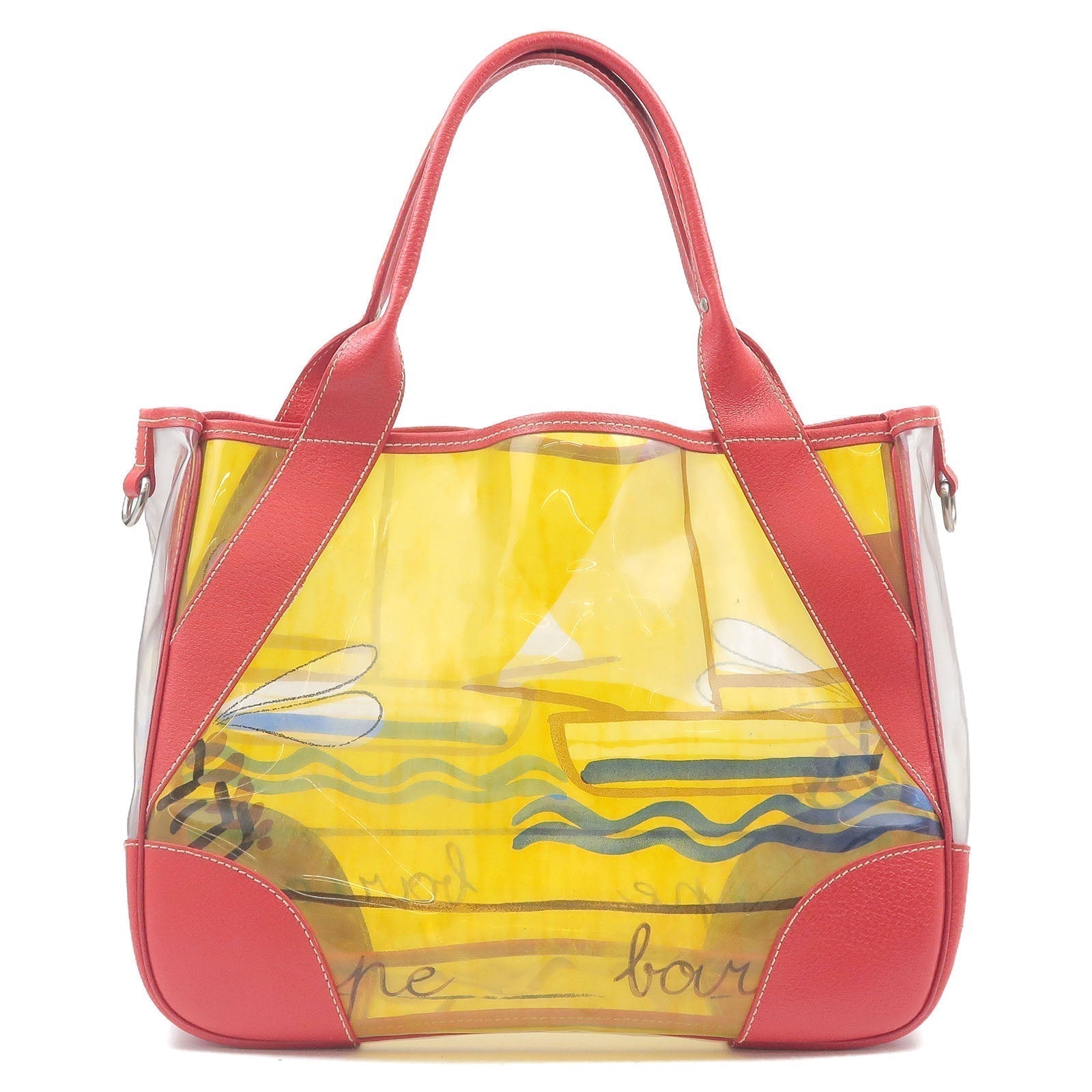 Prada Vinyl Print Tote Bag Beach Bag Clear Leather Red