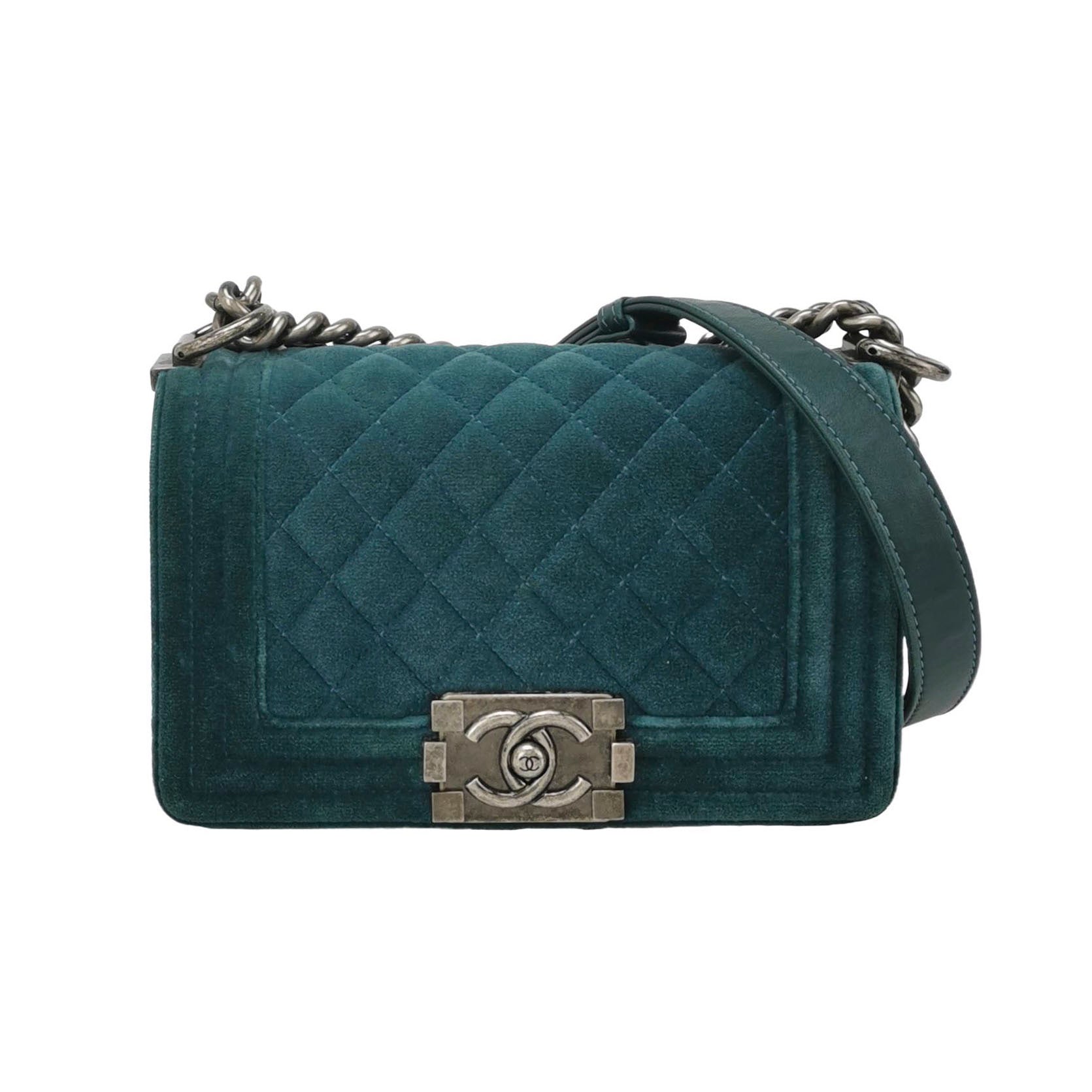 Chanel Le Boy Dark Velvet Antiqued Hardware Green Silver Small Handbag