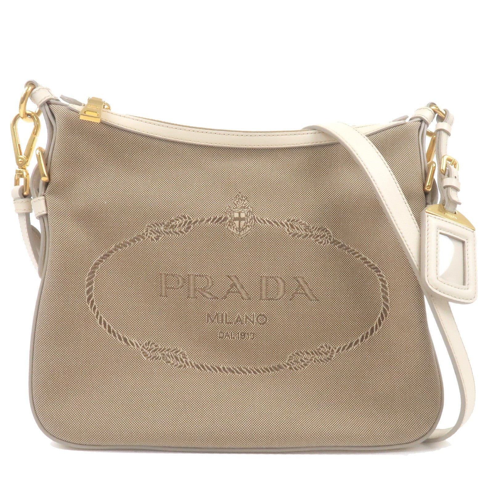 Prada Prada Logo Jacquard Leather Shoulder Bag Beige Ivory