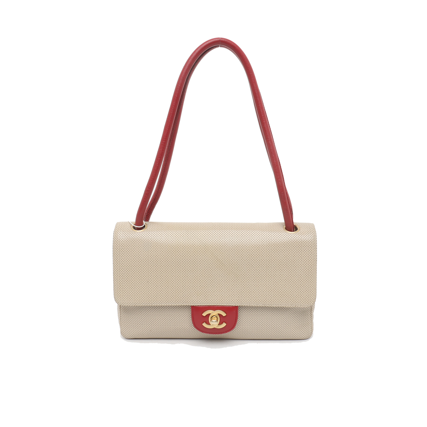 Chanel Classic Flap Bi-color Perforated Red Beige Leather Handbag Strap Bag