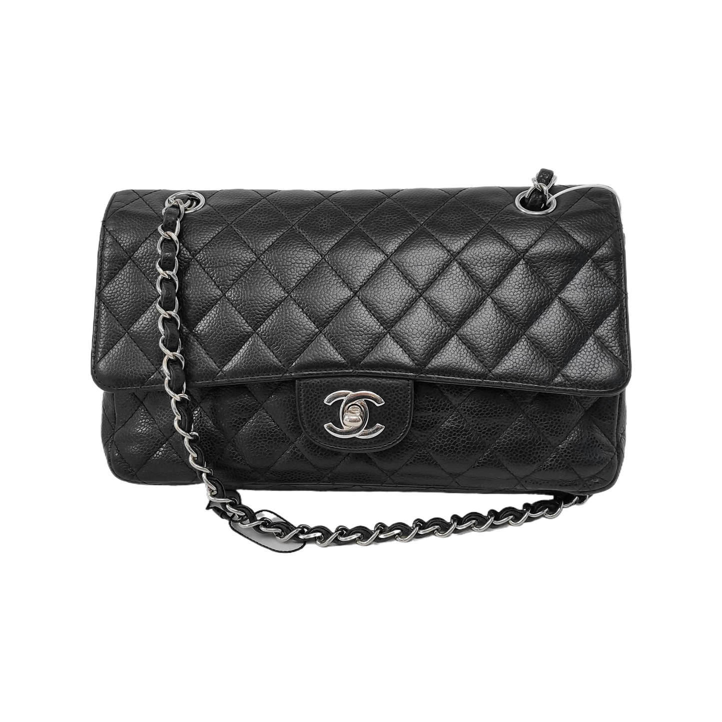 Chanel Classic Flap Caviar Hardware Black Silver Leather Handbag