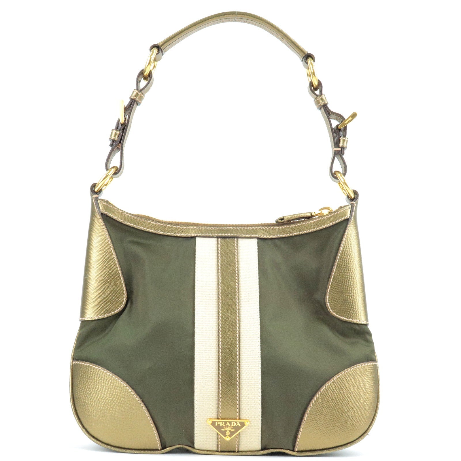 Prada Prada Logo Nylon Leather Shoulder Bag Khaki Bronze