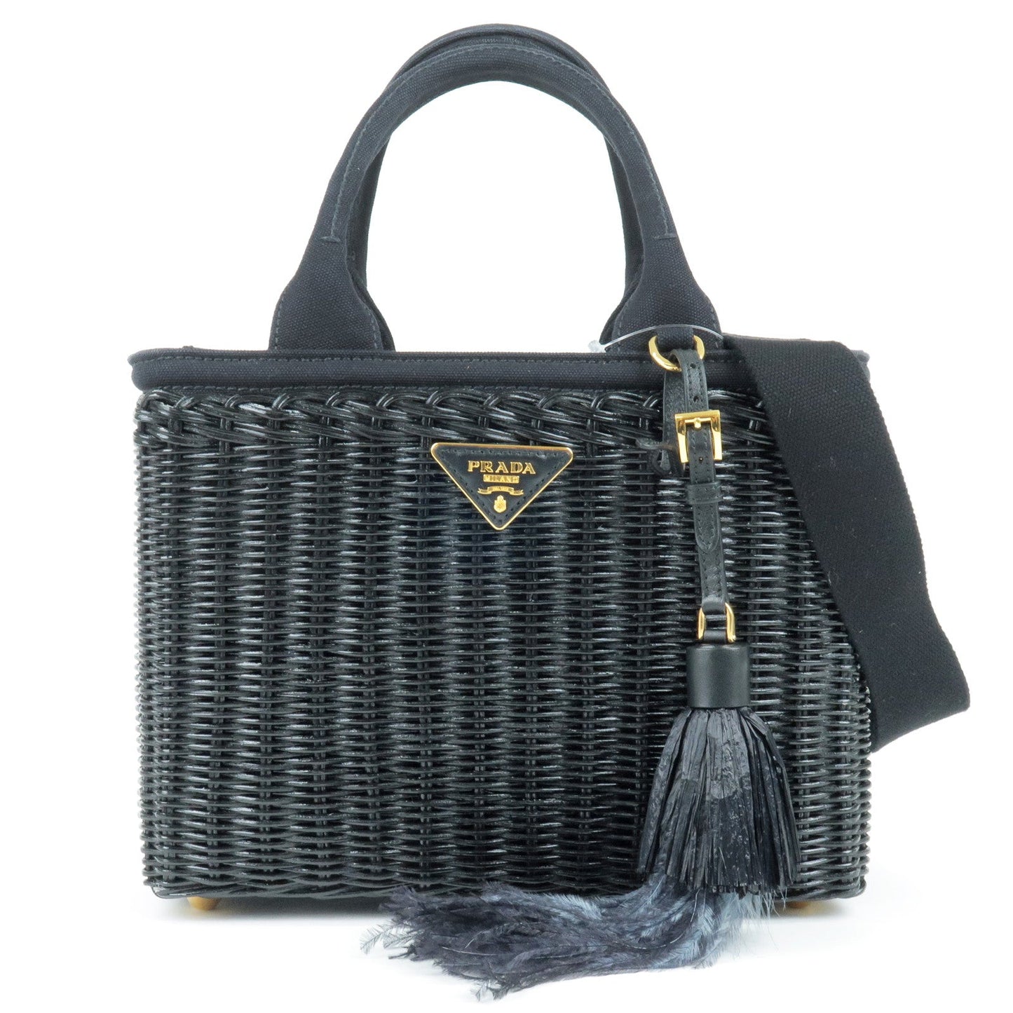 Prada 2Way Bag Hand Bag Nero Canvas Wicker Black Travel Bag