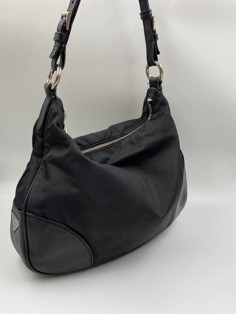 Prada Hobo Nylon Shoulder Bag Black Leather Strap