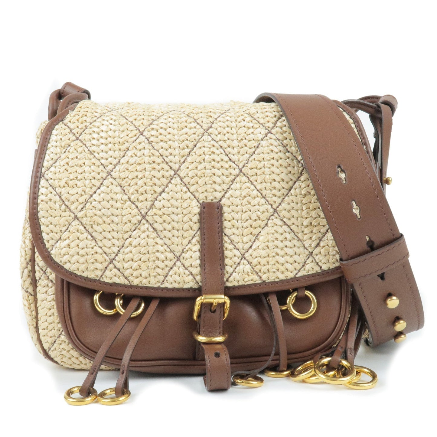Prada Prada Corsaire Straw Leather Shoulder Bag Beige Brown