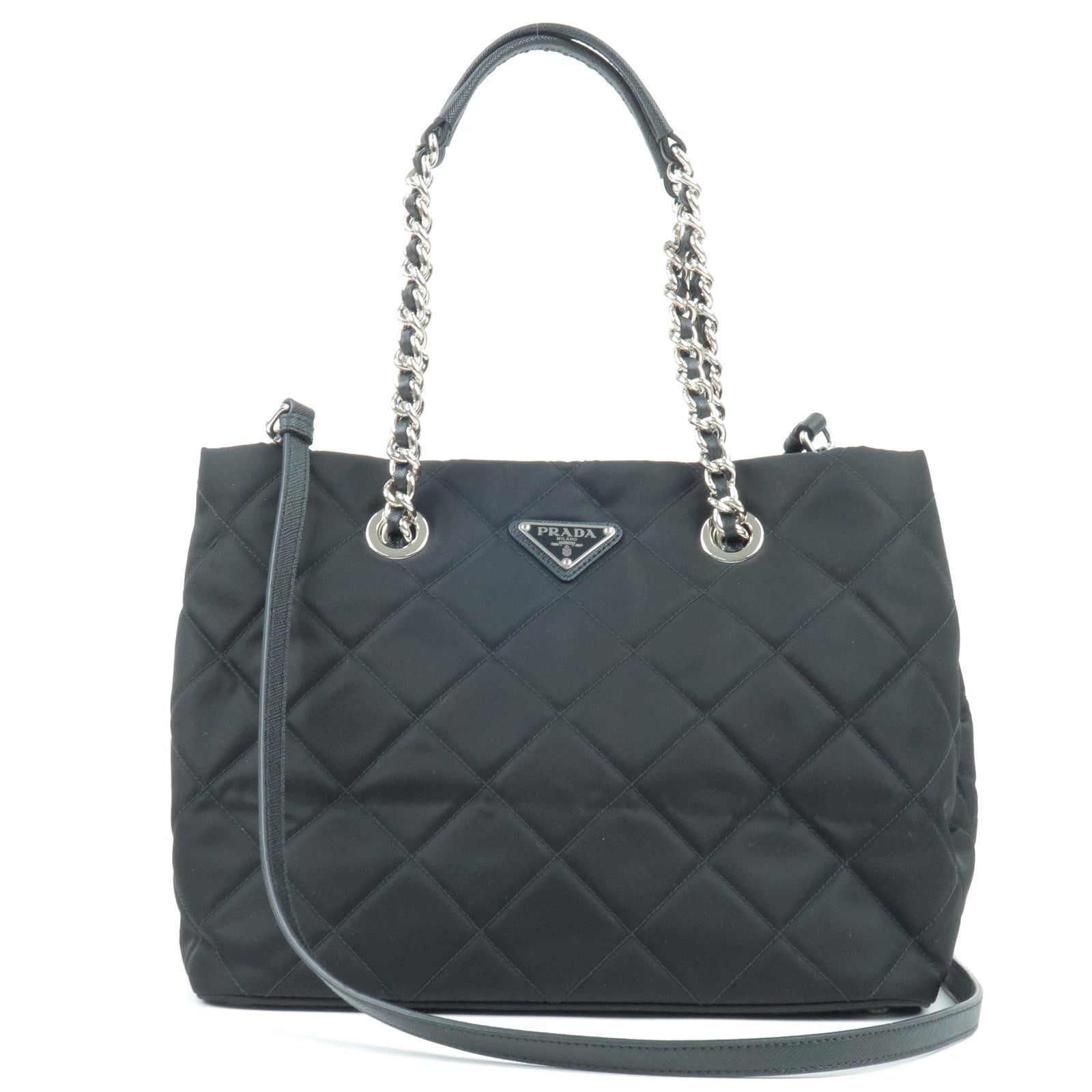 Prada Prada Nylon Leather 2Way Chain Tote Bag Nero
