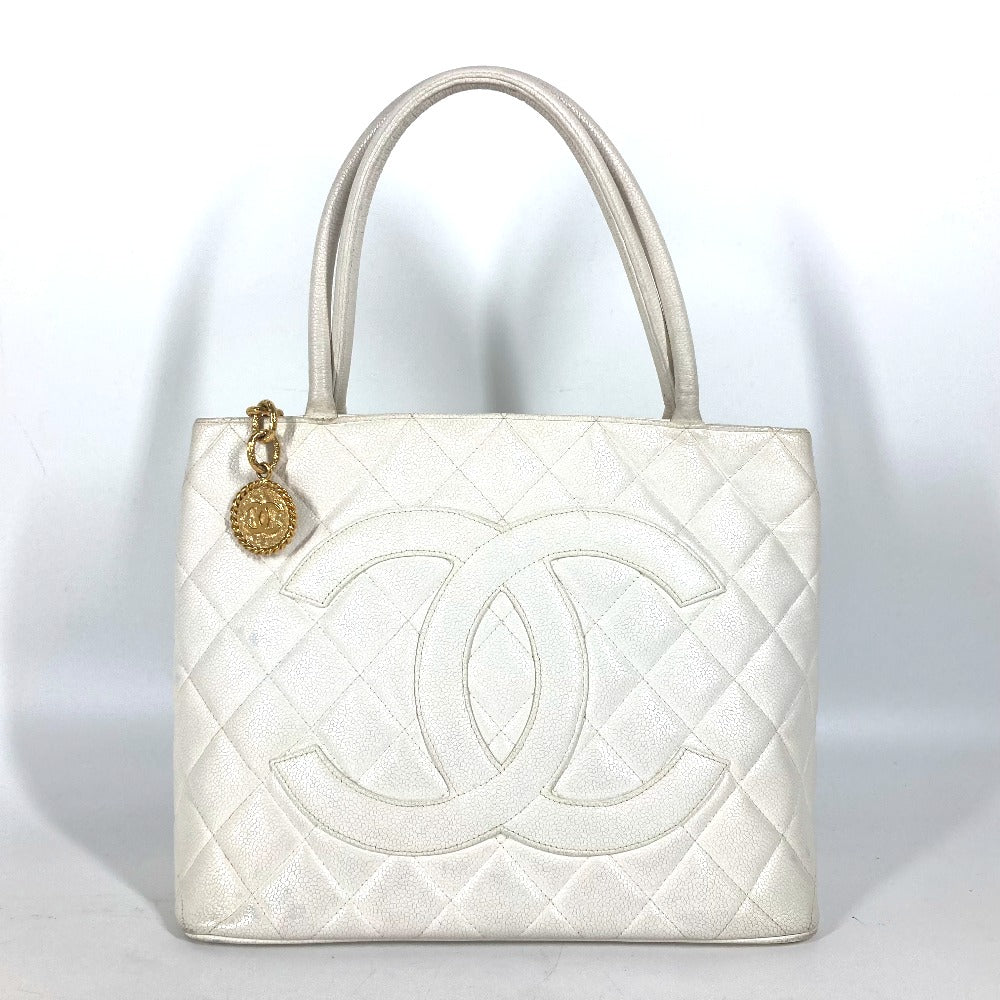 Chanel Caviar skin quilting matelasse CC COCO White Tote Bag