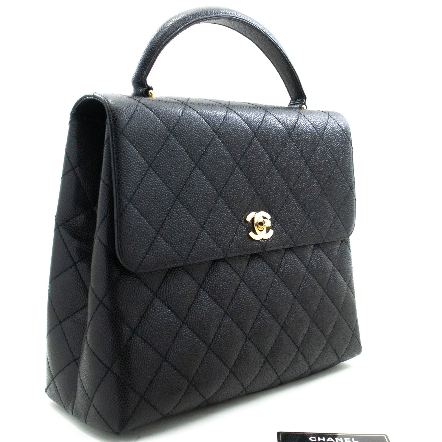 CHANEL Caviar Handbag Top Handle Bag Kelly Black Flap Leather Gold