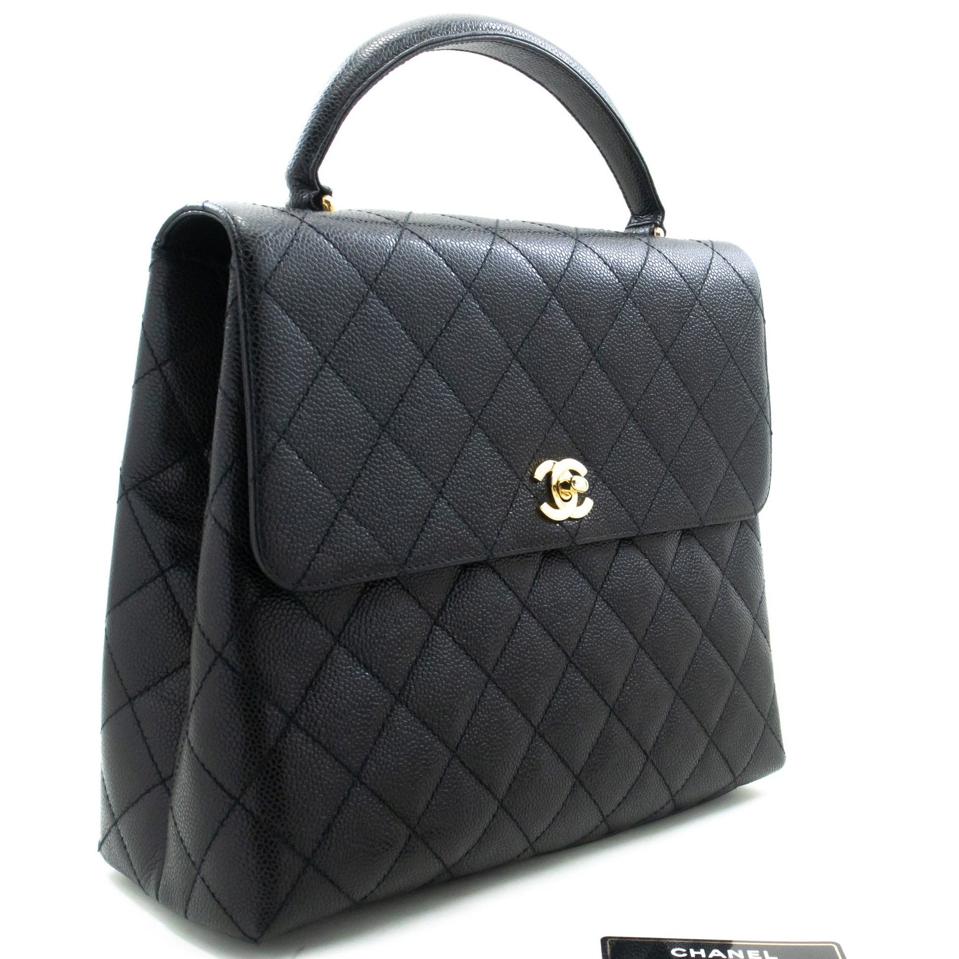 CHANEL Caviar Handbag Top Handle Bag Kelly Black Flap Leather Gold