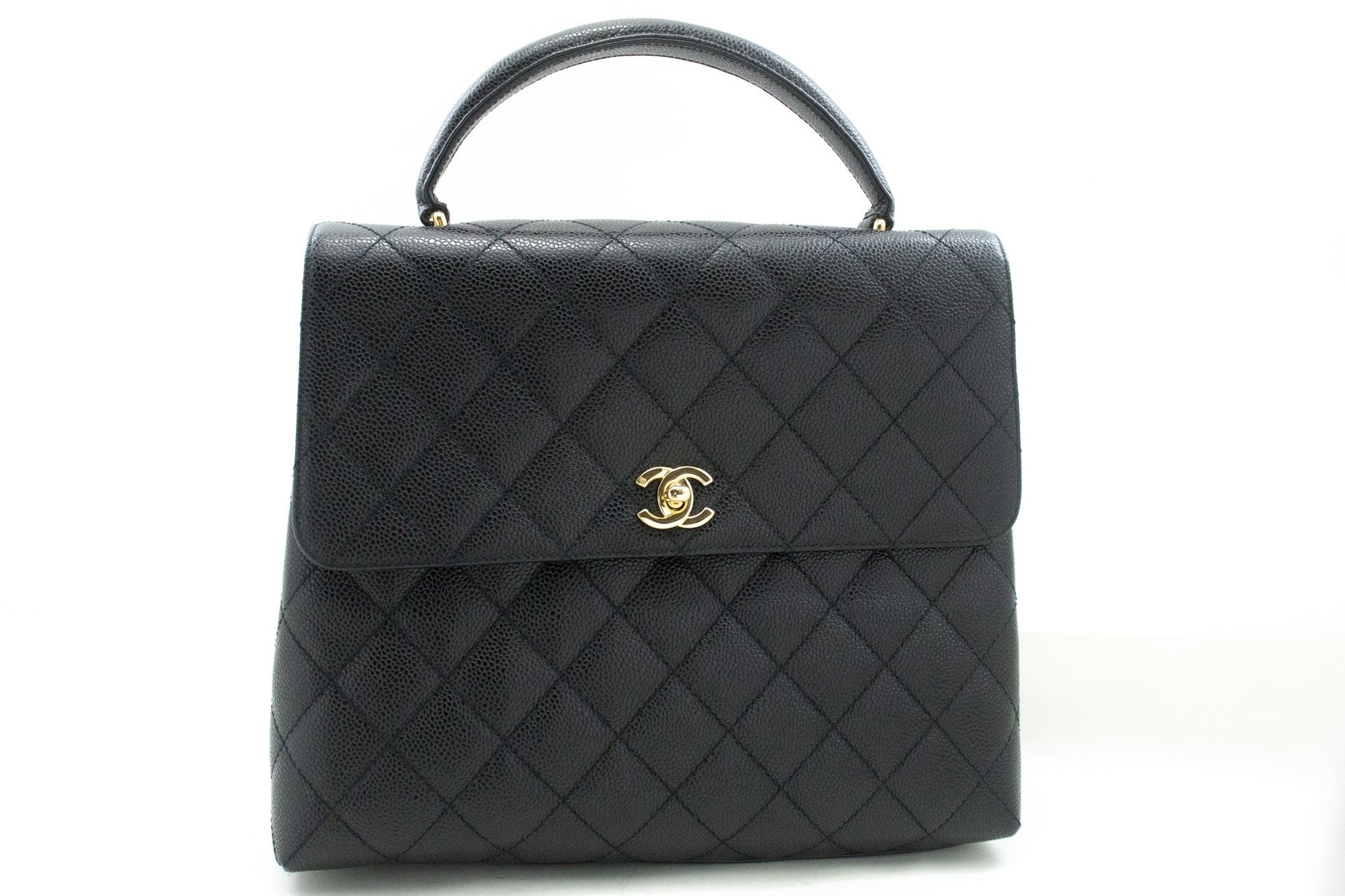 CHANEL Caviar Handbag Top Handle Bag Kelly Black Flap Leather Gold