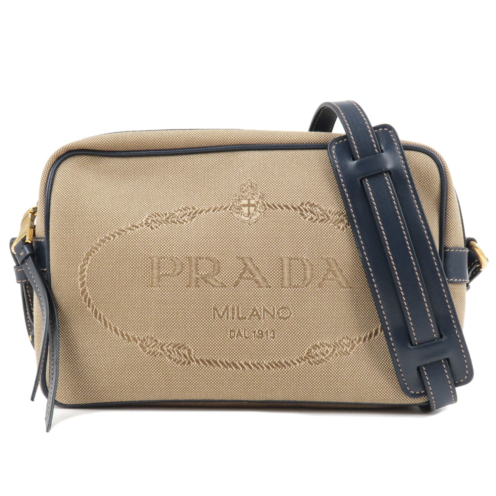 Prada Prada Logo Jacquard Leather Shoulder Bag Beige Navy