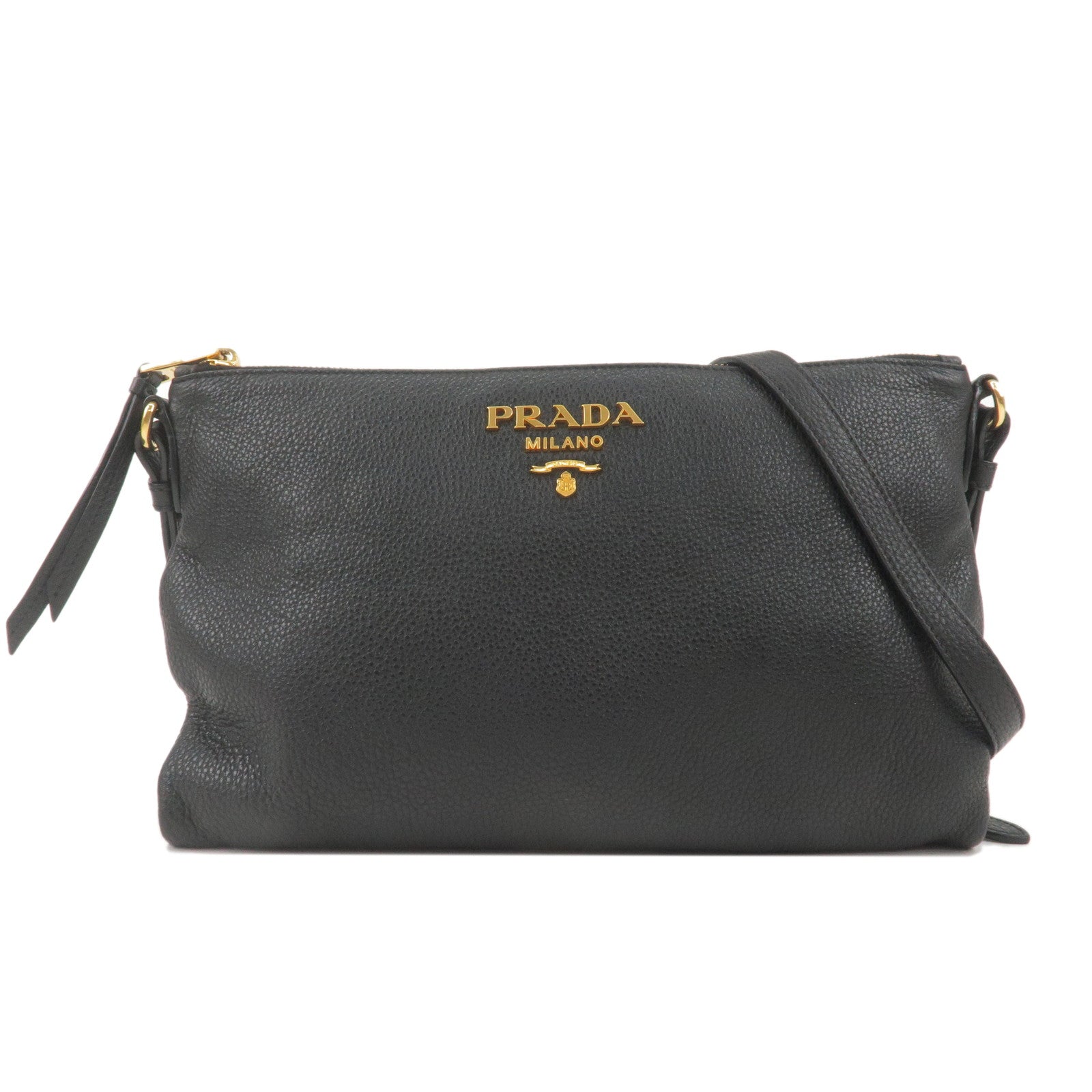 Prada Prada Logo Leather Shoulder Bag Gold Hardware Black Black 36168 1