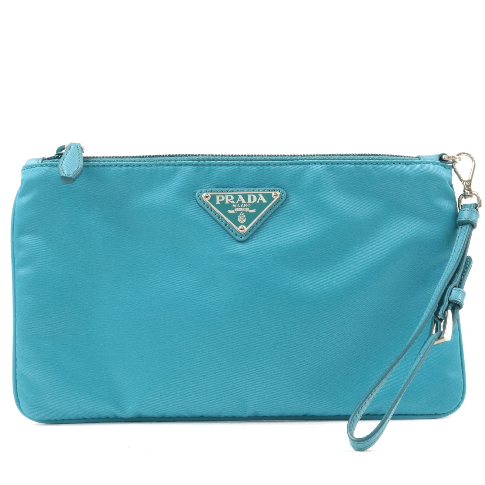 Prada Prada Logo Nylon Leather Clutch Bag Pouch Turquoise