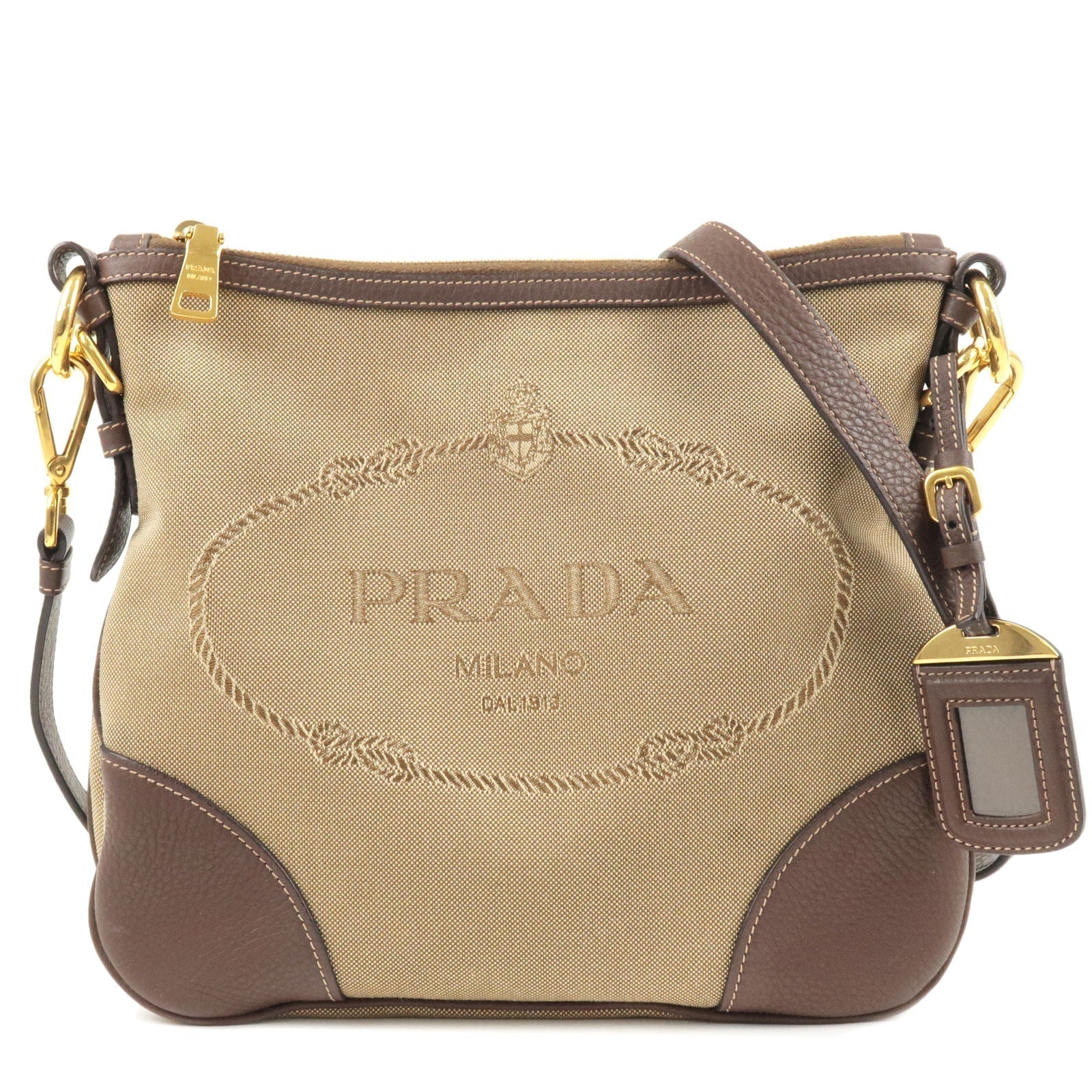 Prada Prada Logo Jacquard Leather Shoulder Bag Beige Brown Bt0867 36313 17