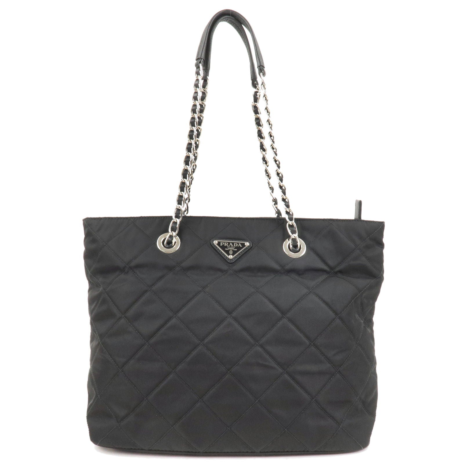 Prada Prada Nylon Leather Quilting Chain Tote Bag Nero