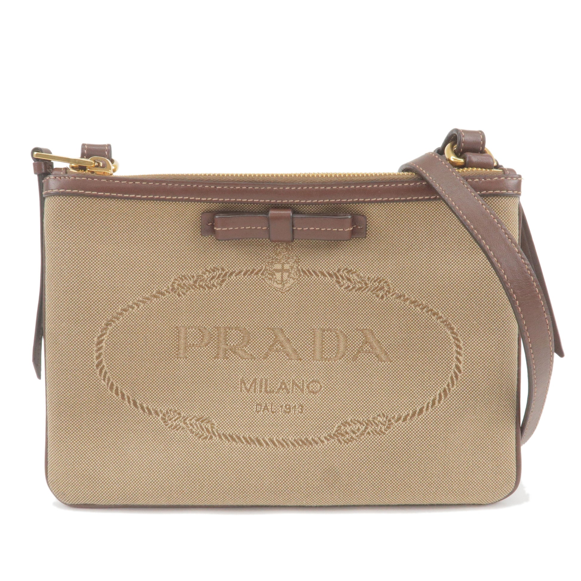 Prada Prada Logo Jacquard Leather Shoulder Bag Beige Brown 1Bh046 36444 8