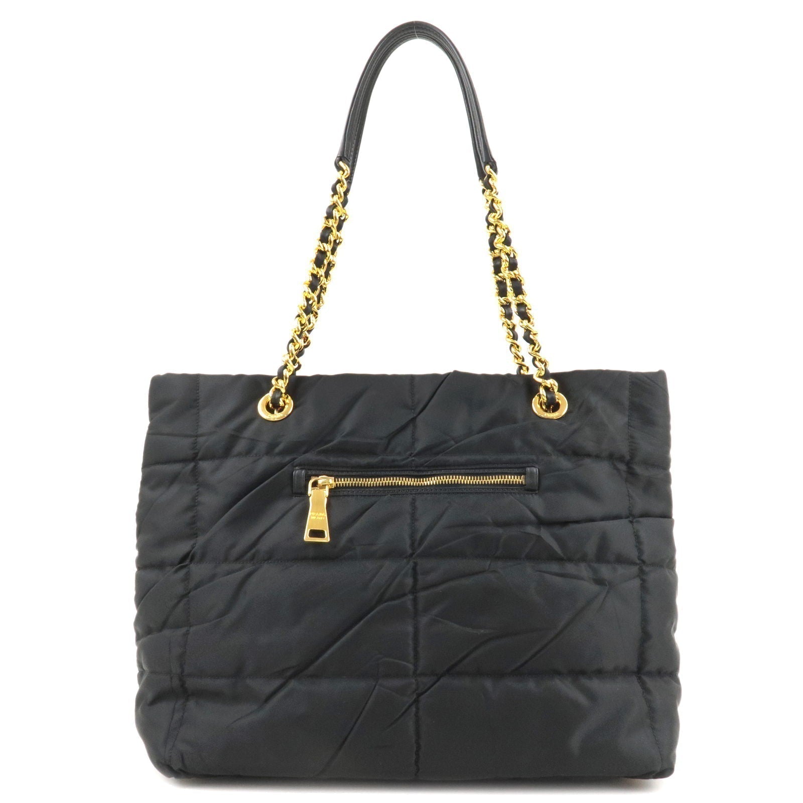 Prada Prada Logo Nylon Leather Chain Tote Bag Black