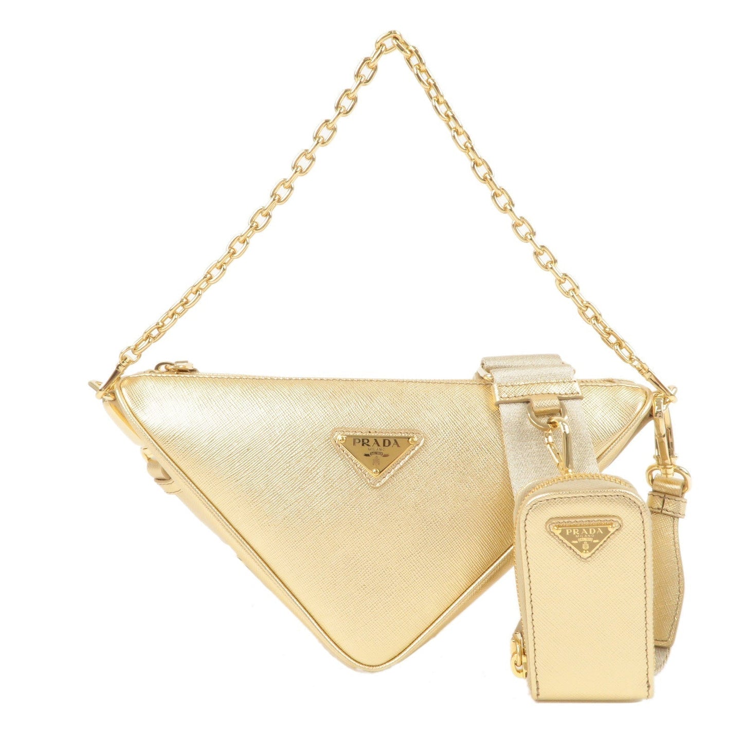 Prada Triangle Shoulder Bag Leather Gold Chain