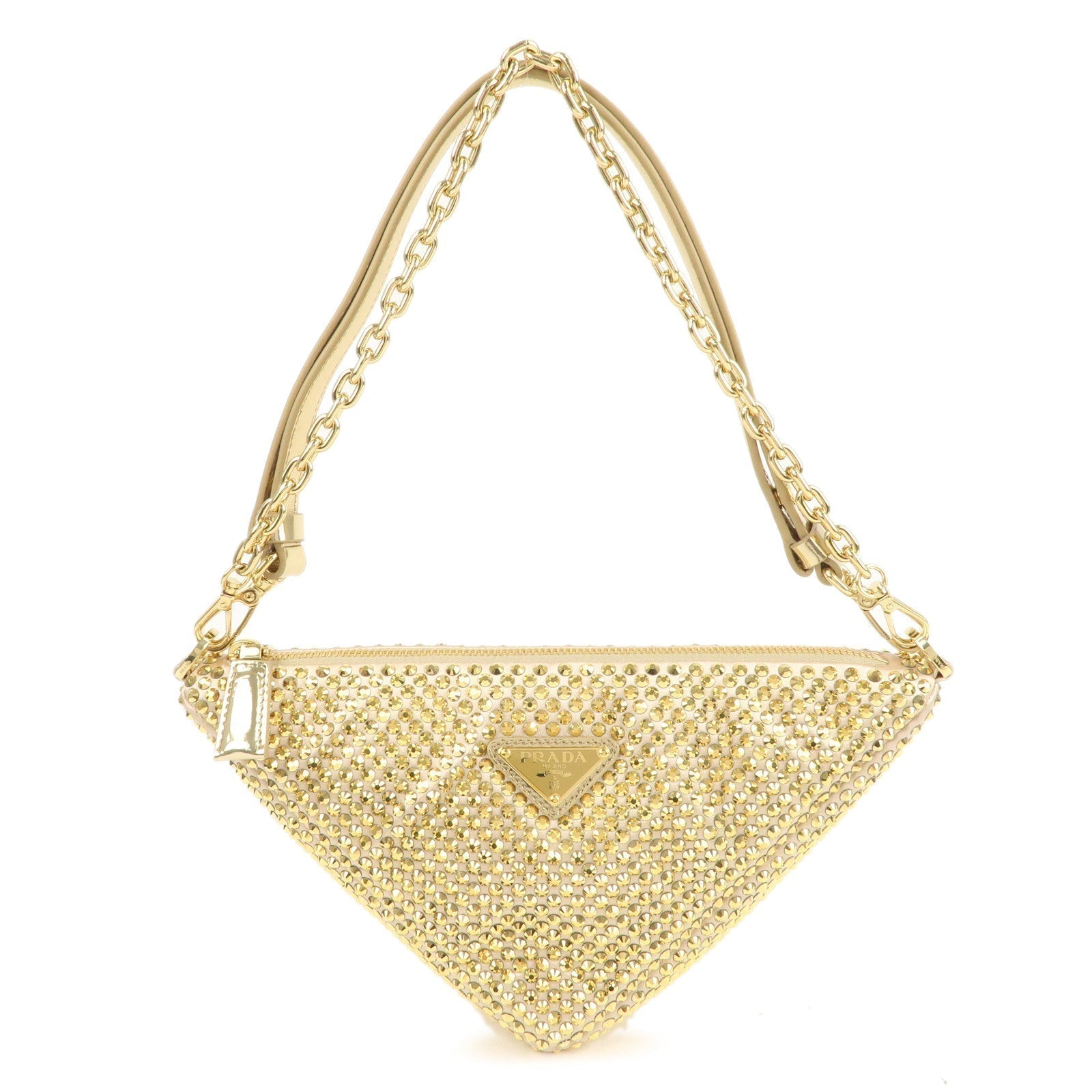 Prada Triangle Rhine Stone Shoulder Bag Leather Satin Gold