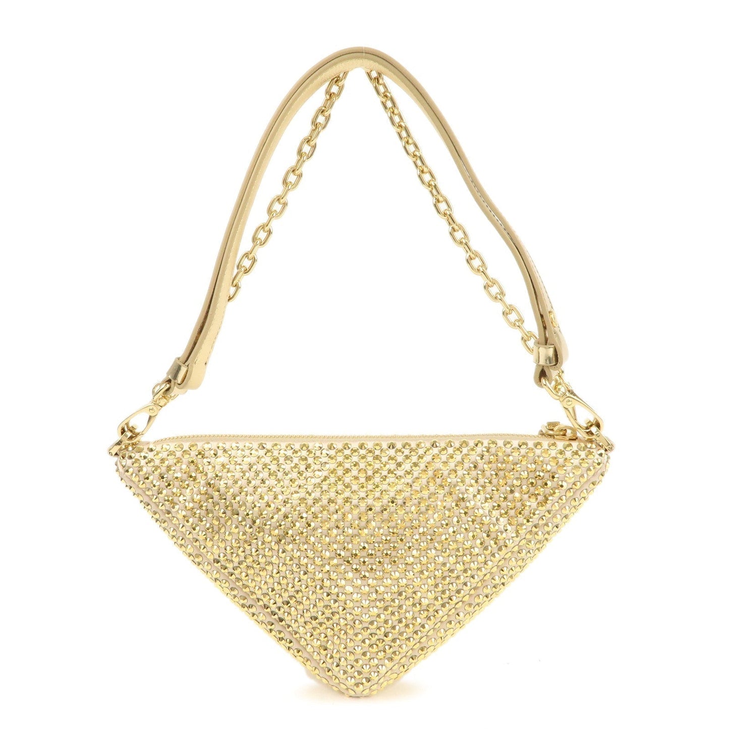 Prada Triangle Rhine Stone Shoulder Bag Leather Satin Gold