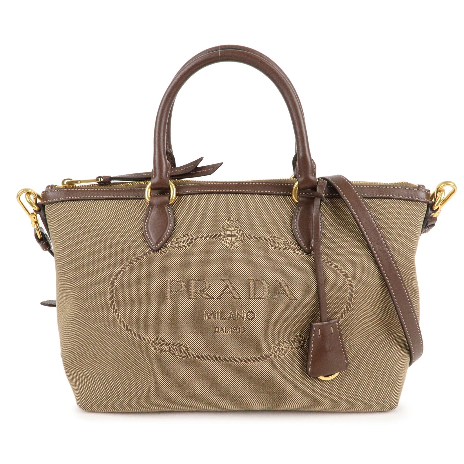 Prada Jacquard 2Way Shoulder Bag Leather Brown Beige