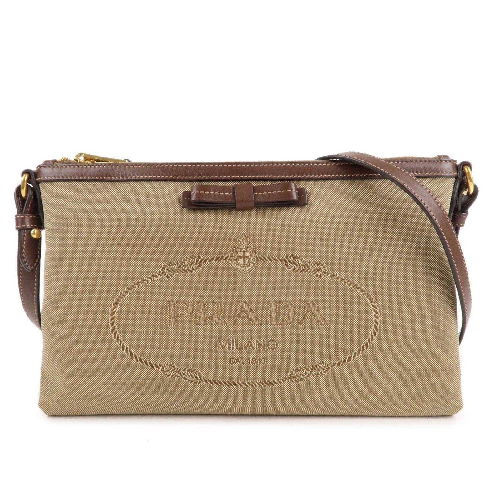 Prada Prada Logo Jacquard Leather Shoulder Bag Beige Brown